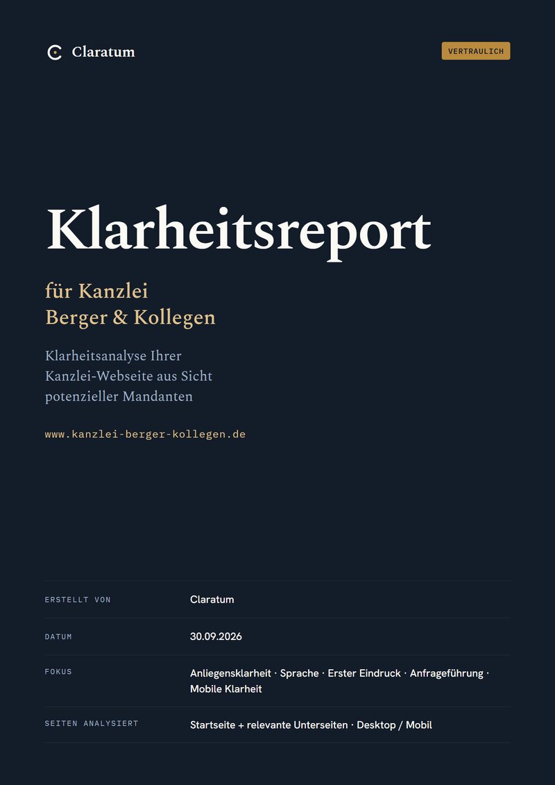 Deckblatt eines Klarheitsreports, Muster für einen erfundenen Betrieb